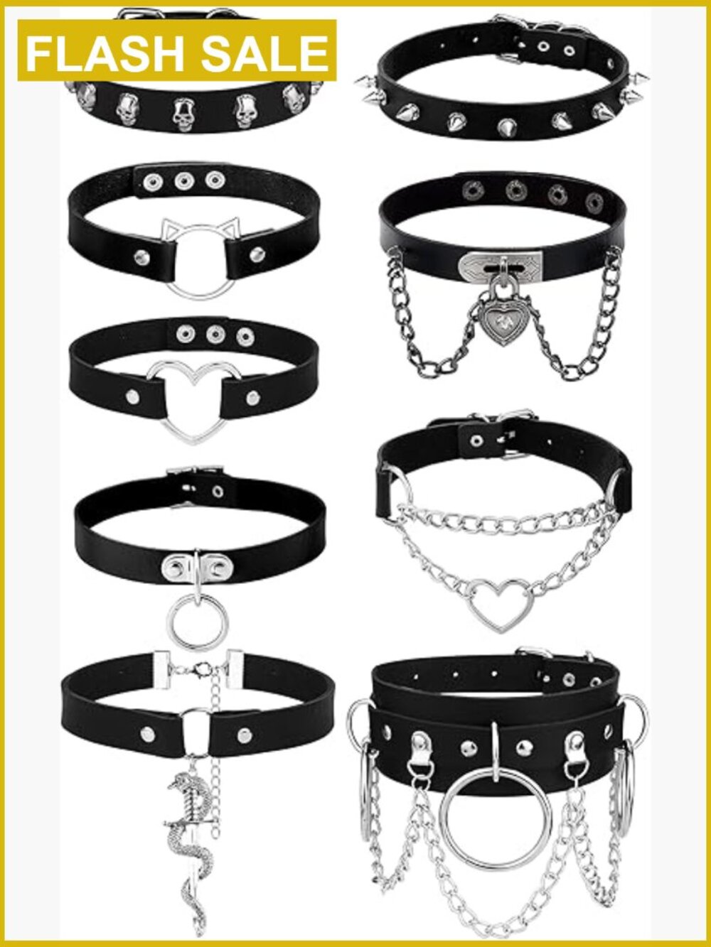 Gothic Punk Choker Necklace Set with Spikes - 6-9 Pieces